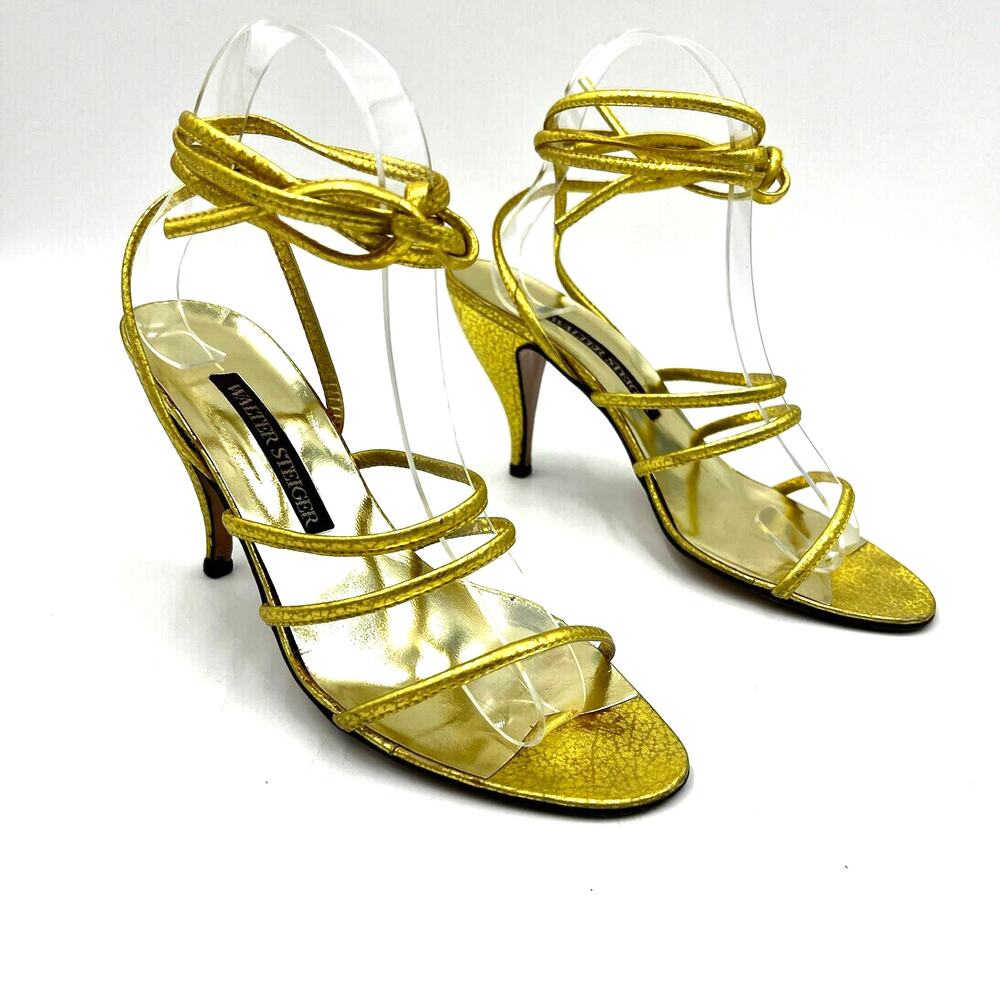 Walter Steiger Vintage Gold Metallic Heels Spaghetti Strap Wrap Ties